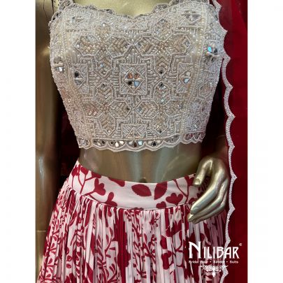 Red and White Chinon Lehenga