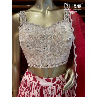 Red and White Chinon Lehenga