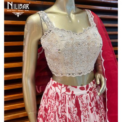 Red and White Chinon Lehenga