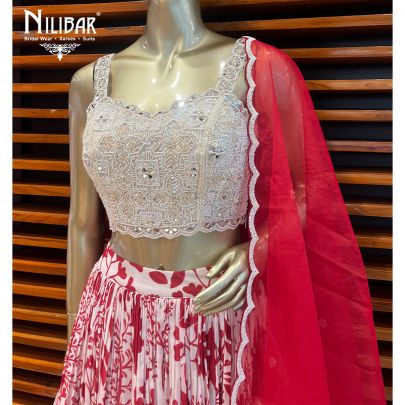 Red and White Chinon Lehenga