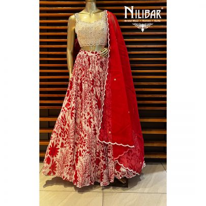 Red and White Chinon Lehenga
