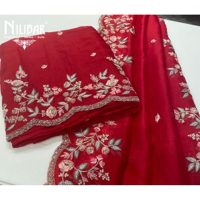 Red Organza Unstitched Suit