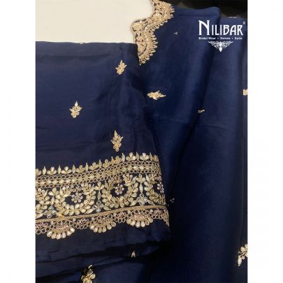 Navy Blue Organza Unstitched Suit
