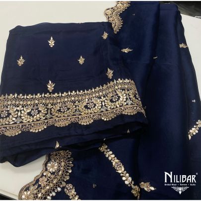Navy Blue Organza Unstitched Suit
