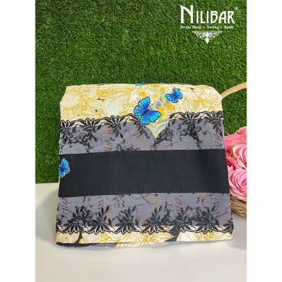 Black and Pale Yellow Organza Unstitched Suit