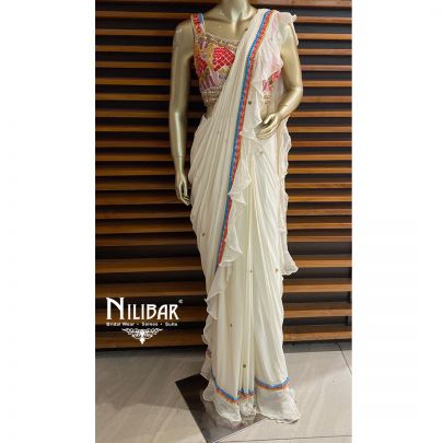 White Green Georgette Draped Saree