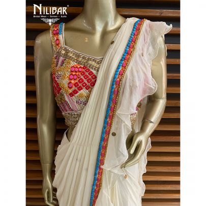 White Green Georgette Draped Saree