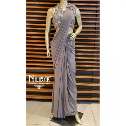Gray Organza Draped Saree   embellished with cutdana, sequin and beads work.