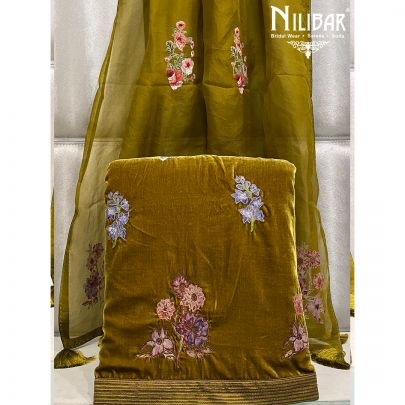 Olive Green Velvet Unstitched Suit 