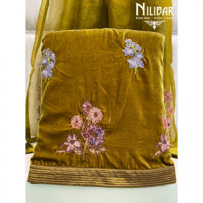 Olive Green Velvet Unstitched Suit 