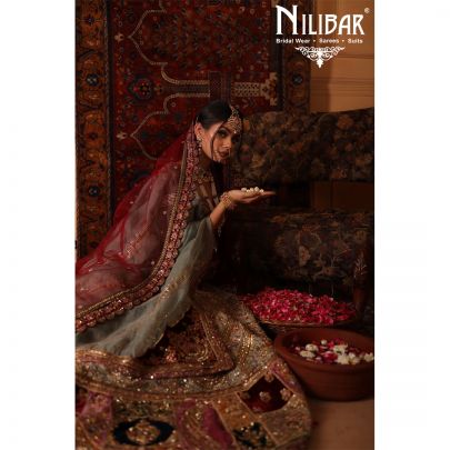 Moss Green and Mehroon Velvet Bridal Lehenga