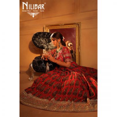 mehroon Silk and Chinon Bridal  Lehenga