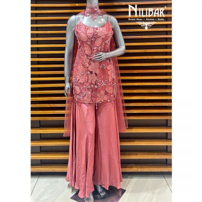 Rose Pink Net Top Paired With Crepe Flared Palazzo Suit