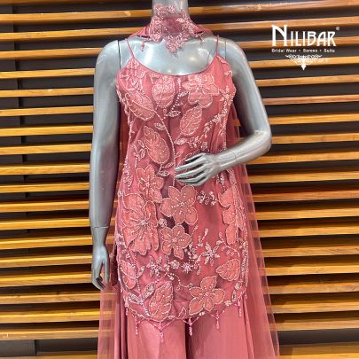 Rose Pink Net Top Paired With Crepe Flared Palazzo Suit