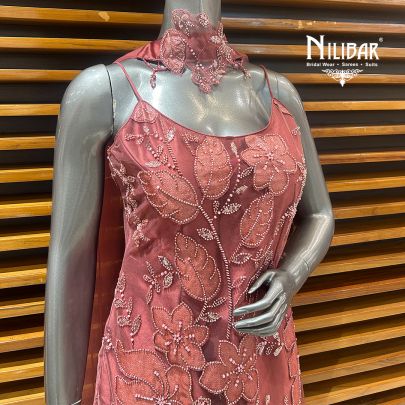 Rose Pink Net Top Paired With Crepe Flared Palazzo Suit