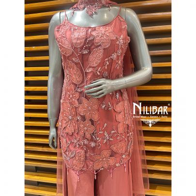 Rose Pink Net Top Paired With Crepe Flared Palazzo Suit