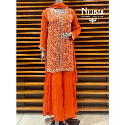 Orange Chinon Palazzo Suit Paired With Net Dupatta