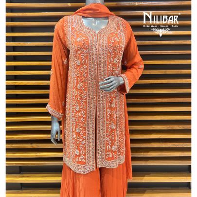 Orange Chinon Palazzo Suit Paired With Net Dupatta