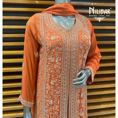 Orange Chinon Palazzo Suit Paired With Net Dupatta