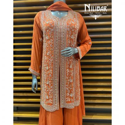 Orange Chinon Palazzo Suit Paired With Net Dupatta