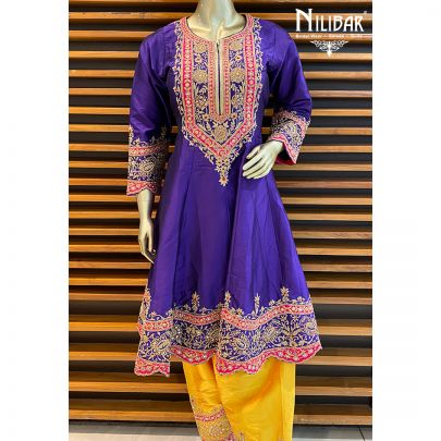 Purple, Yellow and Magenta Silk and Chiffon Salwar Suit Set