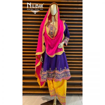 Purple, Yellow and Magenta Silk and Chiffon Salwar Suit Set