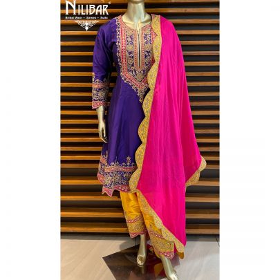 Purple, Yellow and Magenta Silk and Chiffon Salwar Suit Set