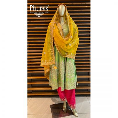 Yellow, Pink and Green Silk Salwar Suit Set