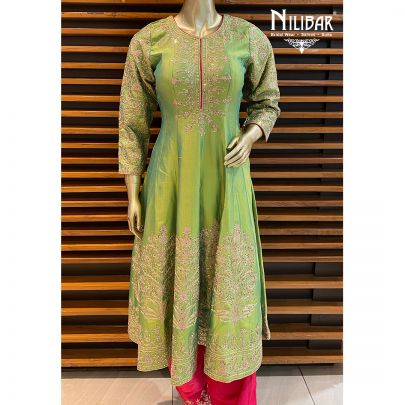 Yellow, Pink and Green Silk Salwar Suit Set