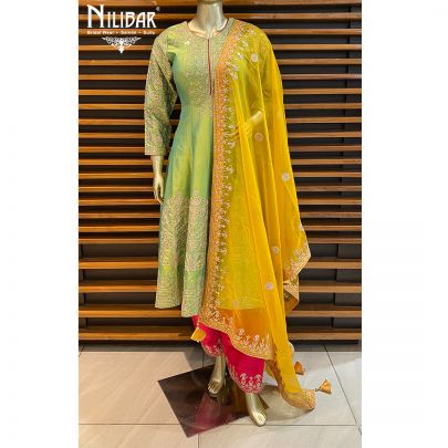 Yellow, Pink and Green Silk Salwar Suit Set