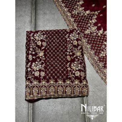 Wine Organza Unstitched Suit