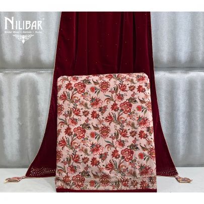 Pale Beige and Maroon  Velvet Unstitched Suit