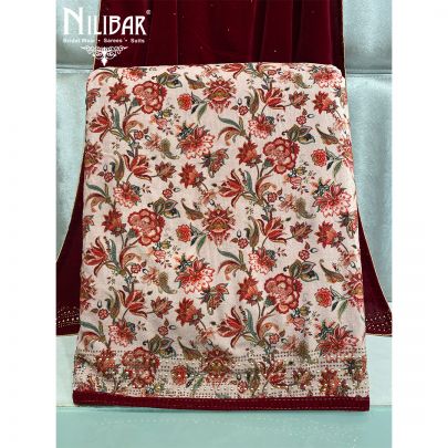 Pale Beige and Maroon  Velvet Unstitched Suit