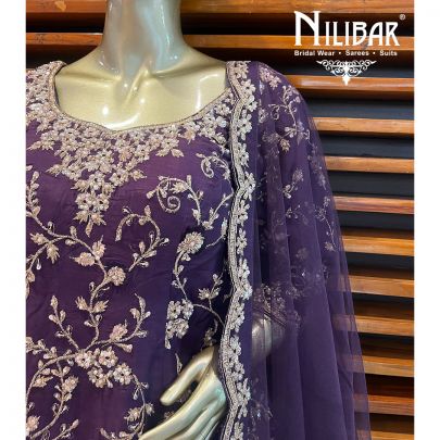 Dark Purple Silk and Net Palazzo Suit