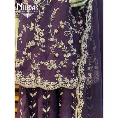 Dark Purple Silk and Net Palazzo Suit