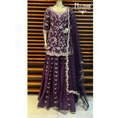 Dark Purple Silk and Net Palazzo Suit
