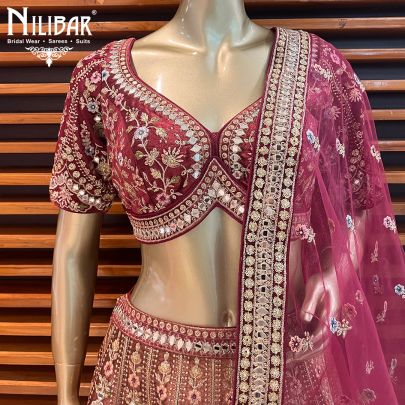 Barn Red with Indian Red Ombre Effect Velvet Bridal Lehenga
