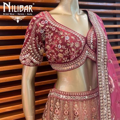 Barn Red with Indian Red Ombre Effect Velvet Bridal Lehenga