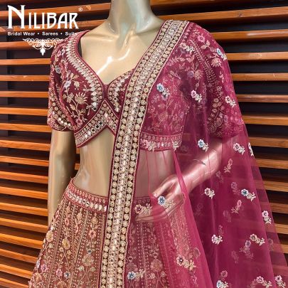 Barn Red with Indian Red Ombre Effect Velvet Bridal Lehenga