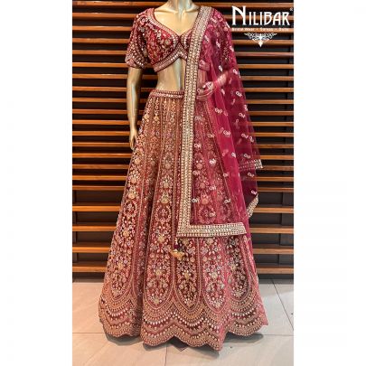 Barn Red with Indian Red Ombre Effect Velvet Bridal Lehenga