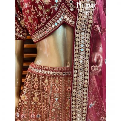 Barn Red with Indian Red Ombre Effect Velvet Bridal Lehenga