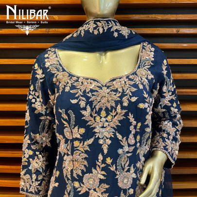 Navy Blue Silk Palazzo Suit
