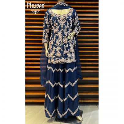 Navy Blue Silk Palazzo Suit