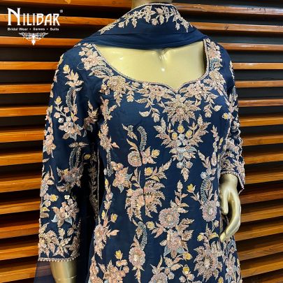 Navy Blue Silk Palazzo Suit