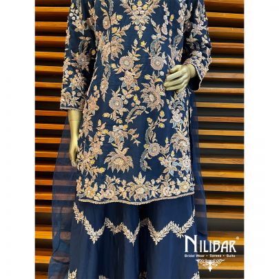Navy Blue Silk Palazzo Suit