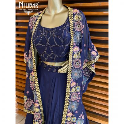 Navy Blue Organza Jacket Style Lehenga