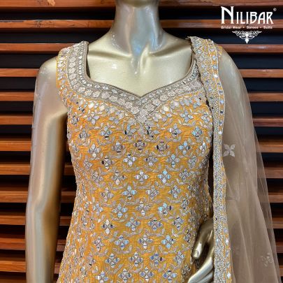 Yellow wiith Contrast Mehandi Green Silk Palazzo Suit