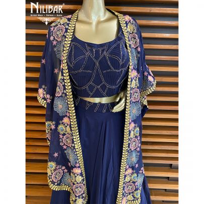 Navy Blue Organza Jacket Style Lehenga