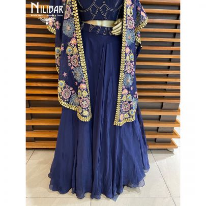 Navy Blue Organza Jacket Style Lehenga