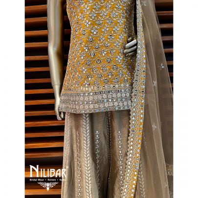 Yellow wiith Contrast Mehandi Green Silk Palazzo Suit